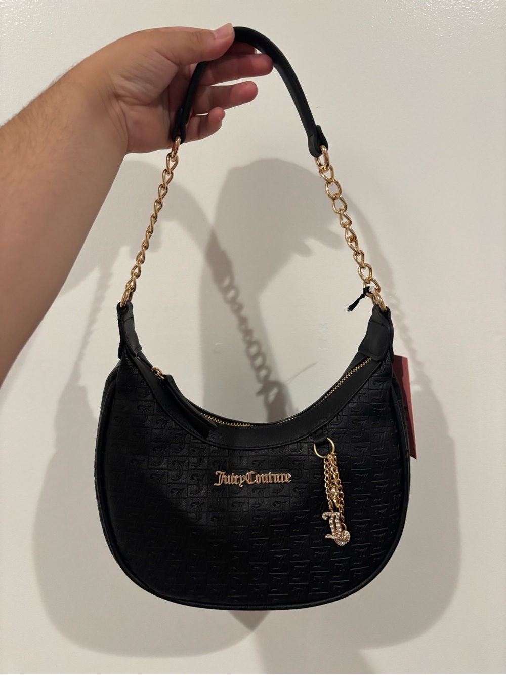 Juicy Couture Black Crescent Shoulder Bag with Gold Hardware and Charm